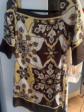 Bebe VINTAGE Silk Yellow Shift Dress with  Brown Trim